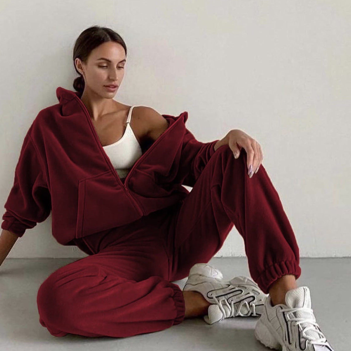 Women Tracksuit Casual 2 Pieces Set Zipper Hooded Sweatshirt And Long Pants Suit