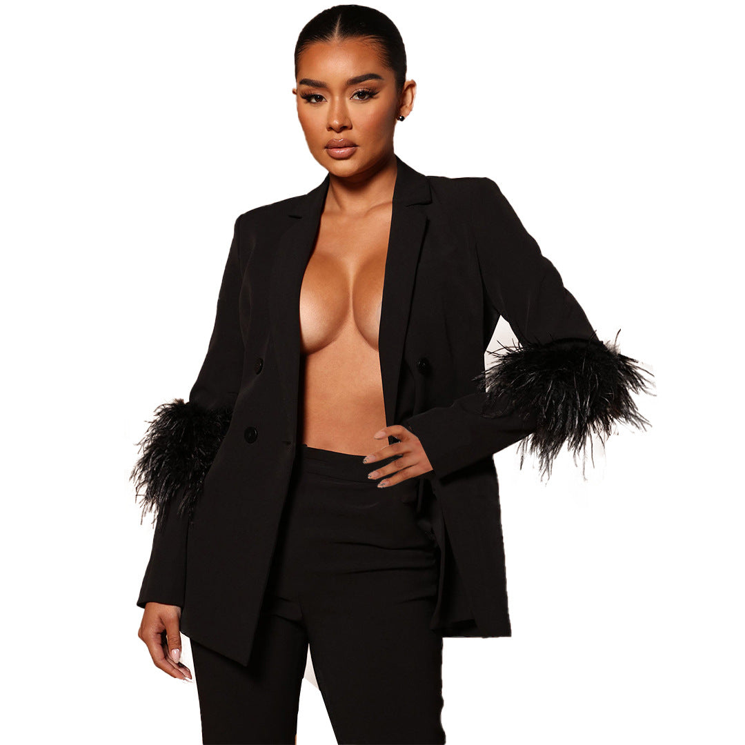 Chaqueta informal de moda para mujer, color liso, con puños de plumas y cuello en V, pantalones ajustados, 2 piezas