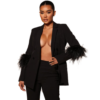 Chaqueta informal de moda para mujer, color liso, con puños de plumas y cuello en V, pantalones ajustados, 2 piezas