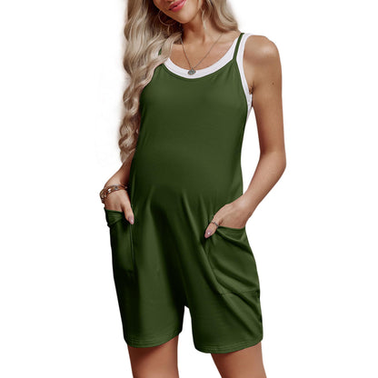 Women Casual Loose Sleeveless Suspender Pregnant Solid Color Pocket Maternity Rompers