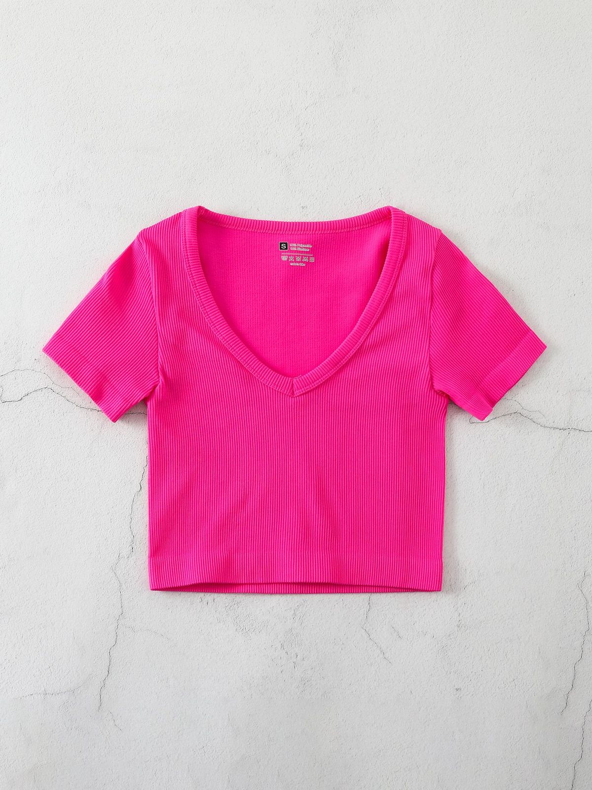 Women Fashion Casual Solid Color V-Neck Short-Sleeve Seamless Yoga Sports T-Shirt