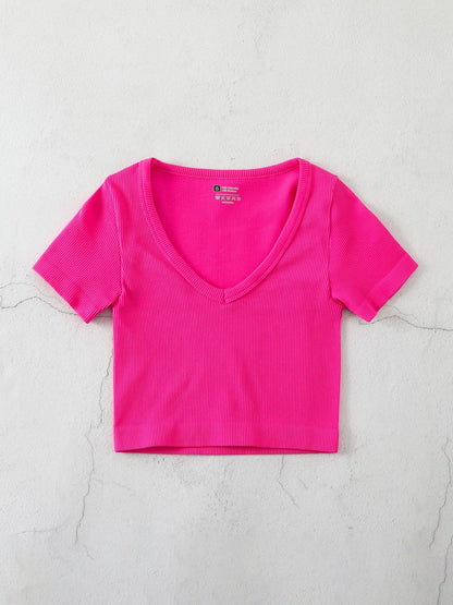 Women Fashion Casual Solid Color V-Neck Short-Sleeve Seamless Yoga Sports T-Shirt