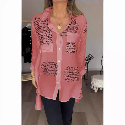Blusa informal de manga larga con solapa y estampado de letras para mujer