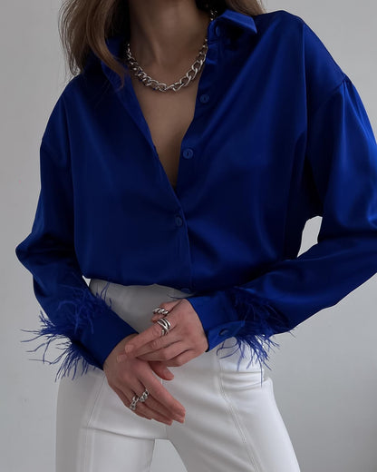 Blusa informal de seda helada de color liso con costuras de plumas para mujer, manga larga, solapa y botonadura sencilla