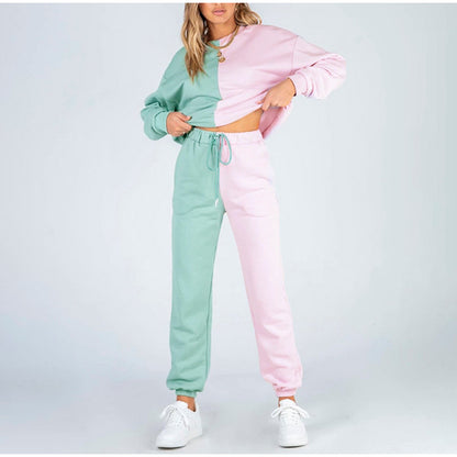Conjunto de pantalones deportivos de cuello redondo con bloques de color informales a la moda para mujer