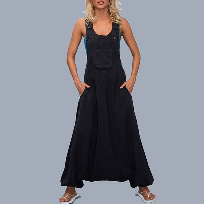 Women Loose Casual Edgy Sleeveless Pockets Solid Color Wide Legs Jumpsuits Overalls
