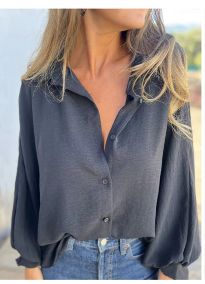 Blusa informal de manga larga con botones y estampado de flores de color liso para mujer