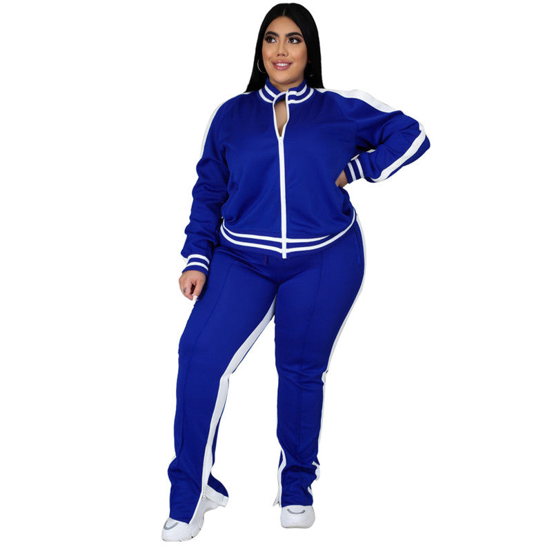 Conjunto de top y pantalón deportivo informal de talla grande para mujer, de manga larga, con cremallera y bloques de color