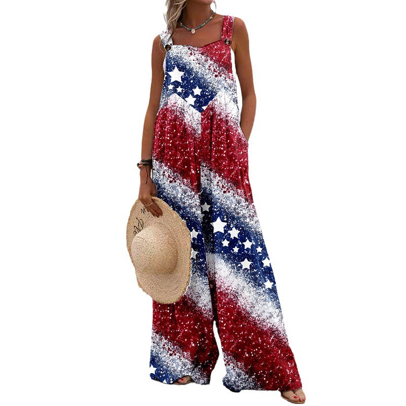 Women Fashion Casual Printed Sleeveless Wide-Leg Loose Jumpsuits