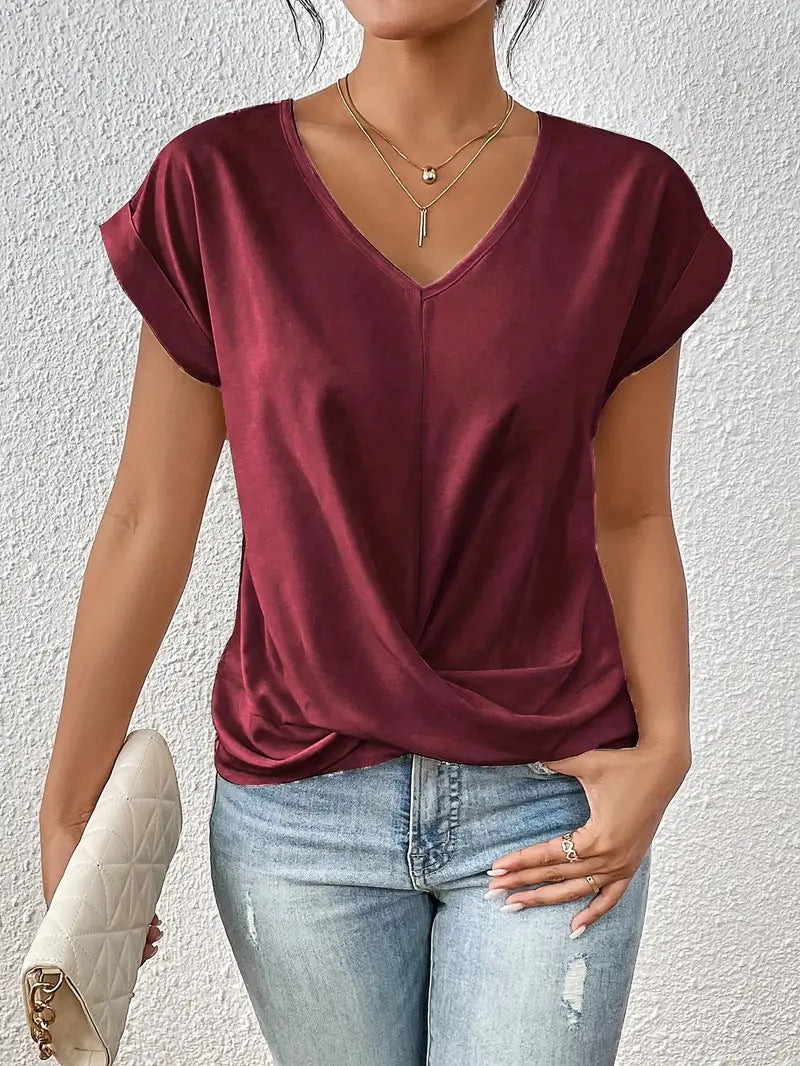 Camiseta informal de verano para mujer, color liso, cuello en V, manga corta, sin mangas