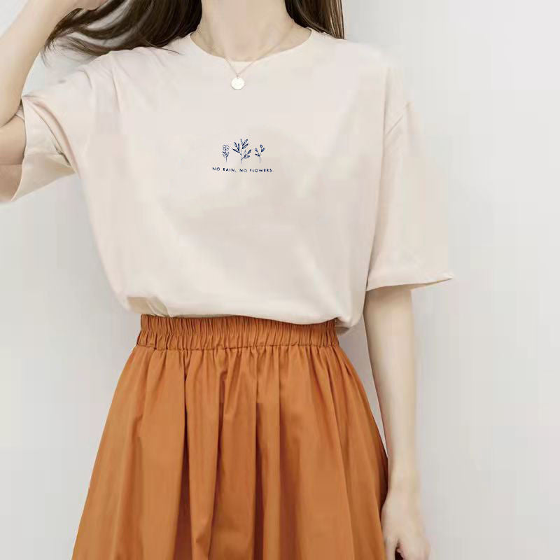 Camiseta informal de verano para mujer con estampado de plantas, cuello redondo y manga corta