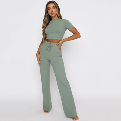 Conjunto de dos piezas de moda informal para mujer, color sólido, elástico, moldeador de cuerpo, manga corta, pantalones anchos