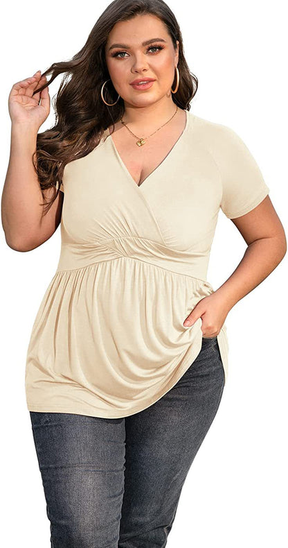 Women Fashion Casual Solid Color V-Neck Short Sleeve Plus Size Top