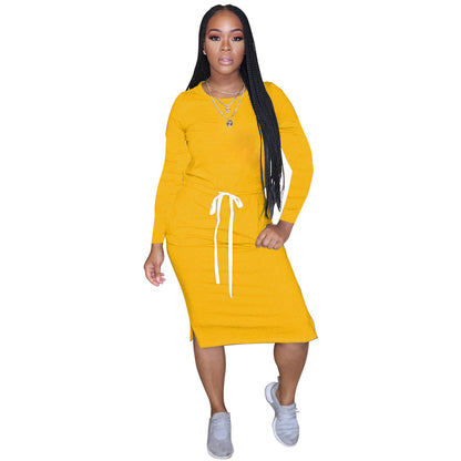 Classic Simple Casual Solid Color Long Sleeve Women Drawstring Dress