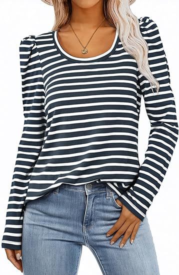 Camiseta informal de manga larga con cuello redondo y estampado de rayas para mujer