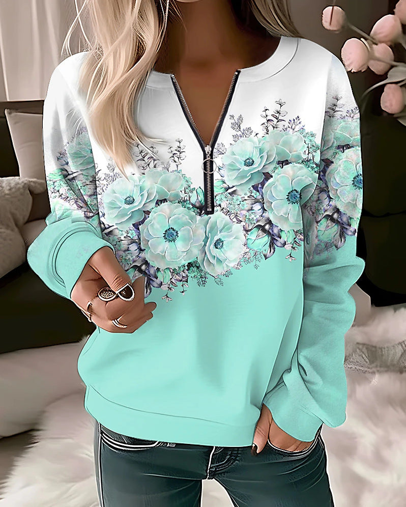 Women Casual Floral Printed V-Neck Long-Sleeve Pullover Loose Sweatshirt