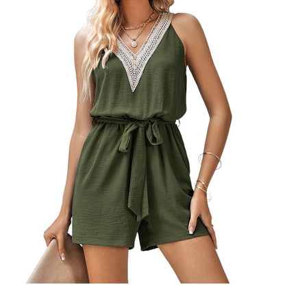 Summer Women Fashion Casual Lace V-Neck Solid Color Sleeveless Rompers