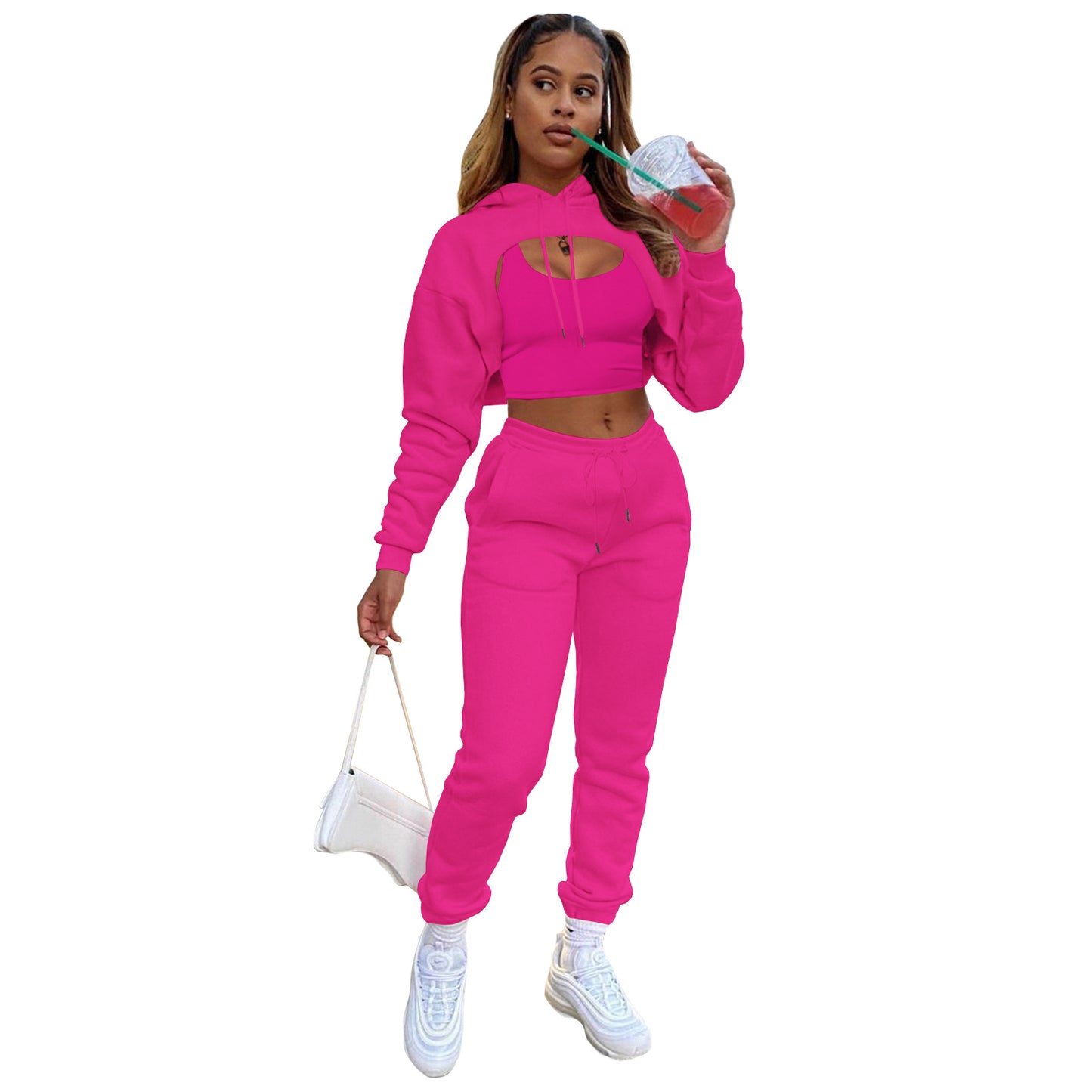 Women Casual Solid Color Long Sleeves Fleece-lined Hooded Top And Drawstring Waist Jogger Sweatpants With Tank Top Three Pieces Set