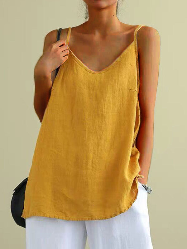 Camisola informal de lino y algodón de color liso para mujer