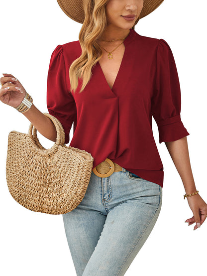 Women Fashion Casual Solid Color V-Neck Short-Sleeve Blouse
