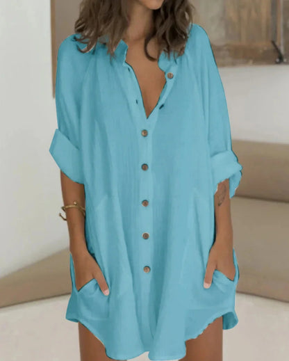 Women Casual Solid Color Single-breasted Long Sleeve Loose Shirt Dress