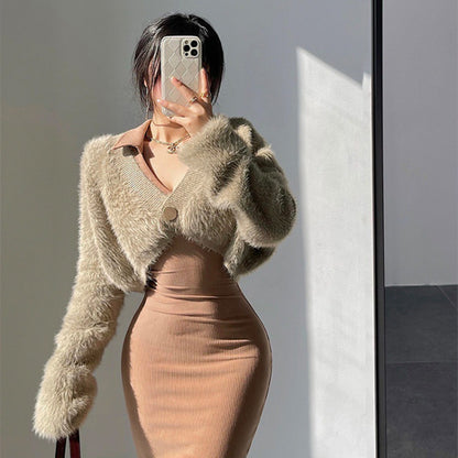 Chaqueta cárdigan de punto de felpa informal de moda para mujer de otoño e invierno