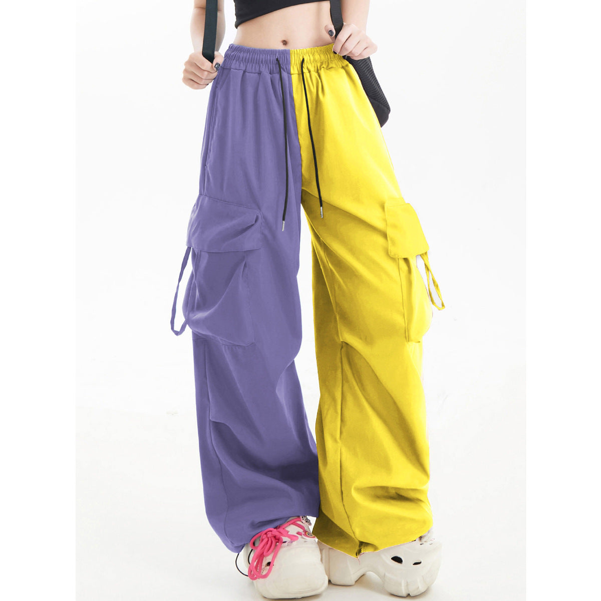 Women Fashion Casual Contrast Color Matching Drawstring Wide Leg Sports Pants