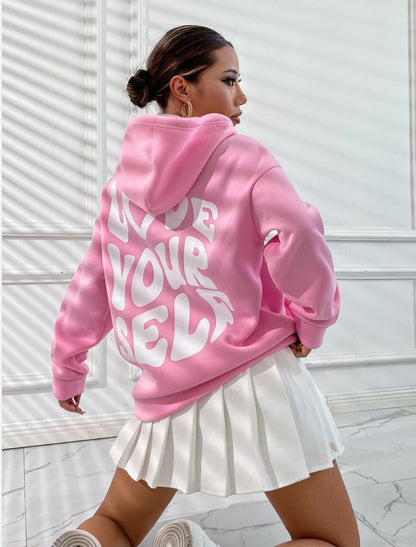 Sudadera con capucha de manga larga con estampado de letras en la espalda, holgada e informal para mujer