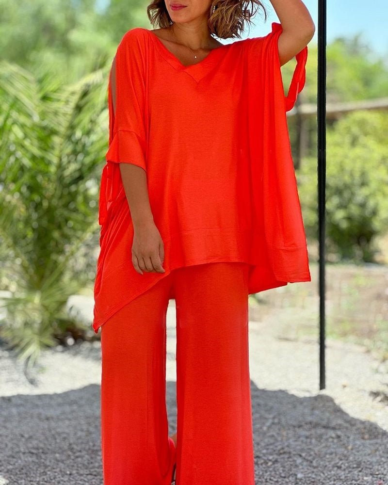 Conjunto de dos piezas para mujer, holgado, informal, con escote en V, pantalones de pierna ancha y talla grande