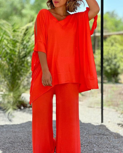 Conjunto de dos piezas para mujer, holgado, informal, con escote en V, pantalones de pierna ancha y talla grande