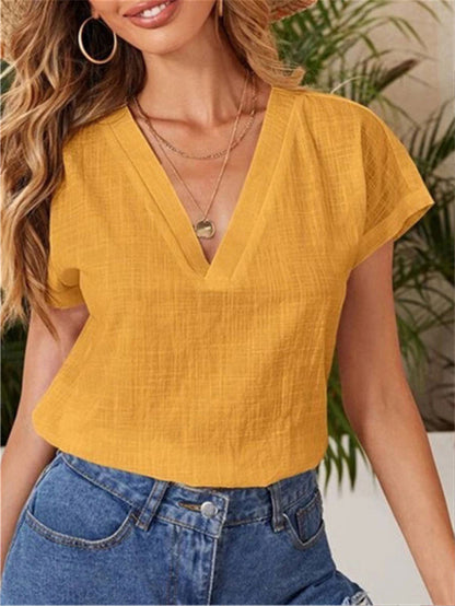 Blusa informal de verano para mujer, de color liso, holgada, de manga corta y cuello en V