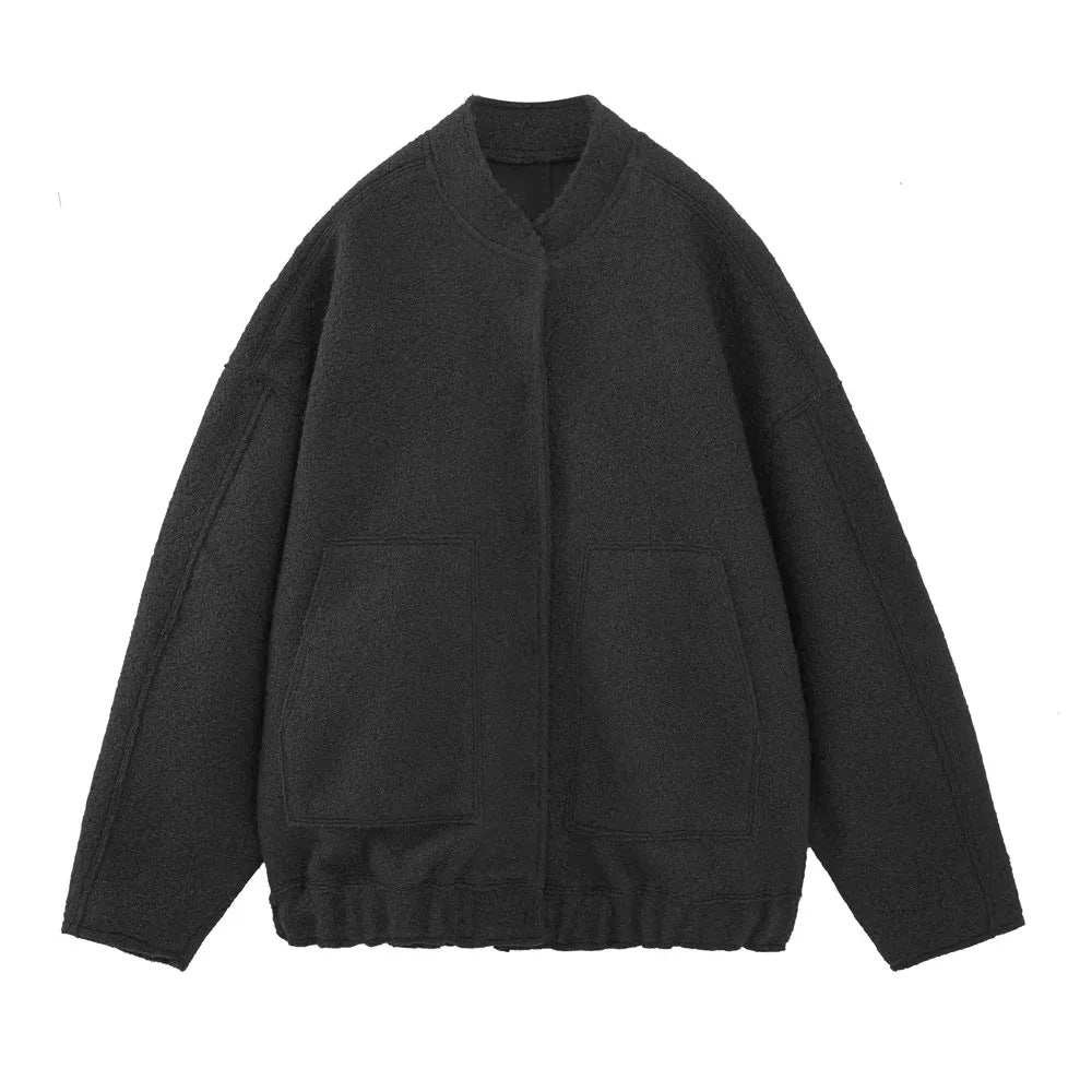 Chaqueta holgada informal de color liso con cuello alto para mujer