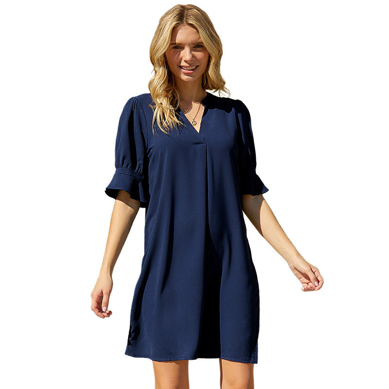 Summer Women Loose Casual Solid Color V-Neck Chiffon Dress