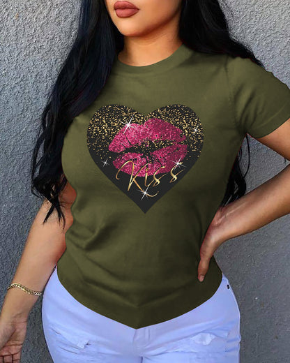 Camiseta informal holgada de algodón con cuello redondo, manga corta y estampado de corazón para mujer, talla grande