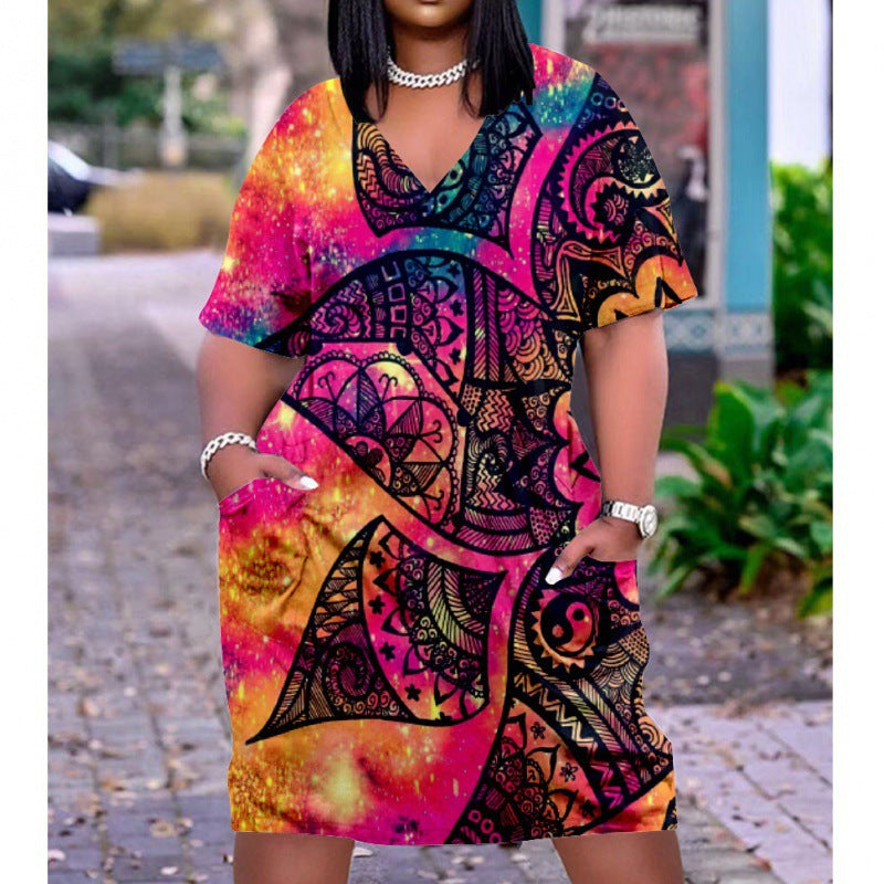 Vestido informal holgado multicolor con cuello en V, manga corta y largo medio para mujer