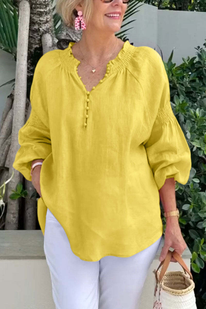 Blusa informal de algodón y lino de color liso con cuello en V y manga larga para mujer