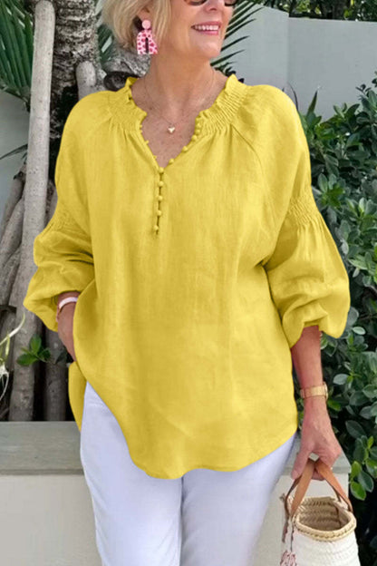 Blusa informal de algodón y lino de color liso con cuello en V y manga larga para mujer