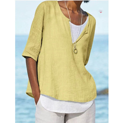 Blusa informal de lino con cuello en V y color liso para mujer