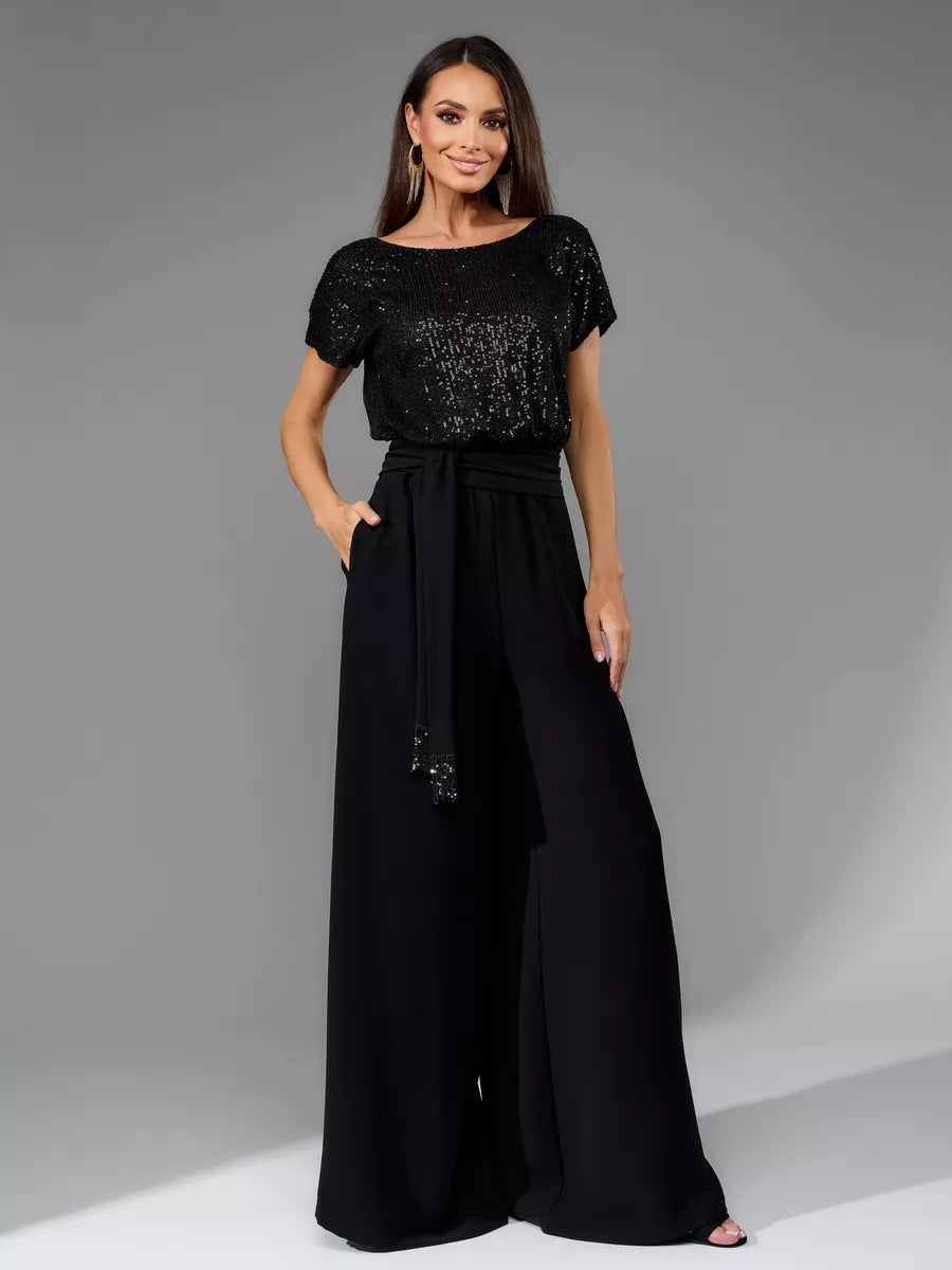 Women Fashion Casual Sequins Short Sleeve Lace-Up Jumpsuit