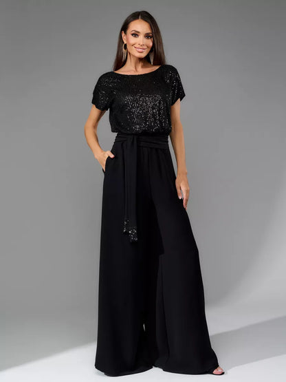Women Fashion Casual Sequins Short Sleeve Lace-Up Jumpsuit