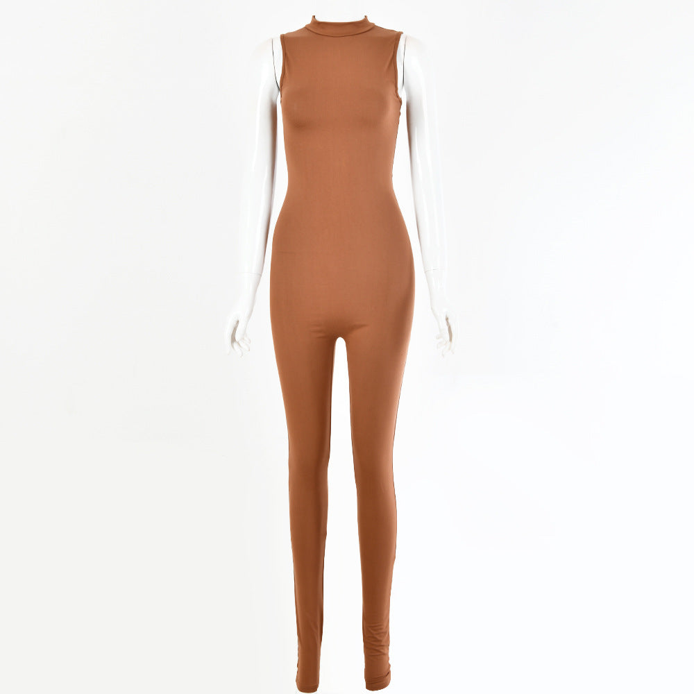 Women Solid Color Sleeveless Tank Top Slim Casual Jumpsuit