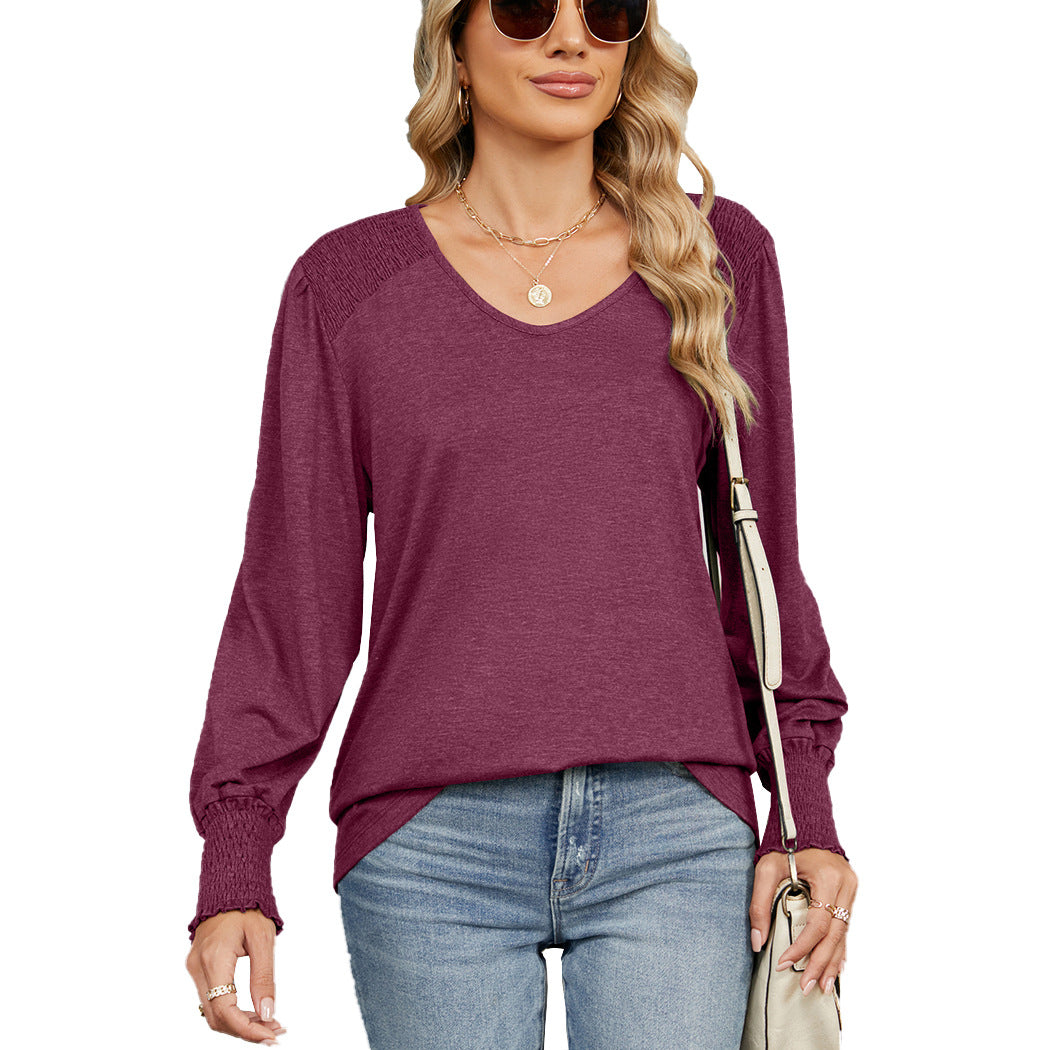Camiseta informal holgada plisada de color liso con cuello en V y mangas farol para mujer