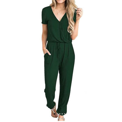 Women Casual Simple Solid Color Waist Drawstring Jumpsuits
