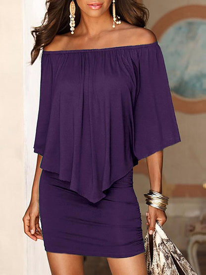 Fashion Sweet Off-Shoulder Summer Women Solid Color Casual Dress