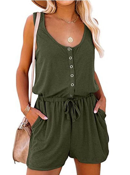 Women Sleeveless Waist Tie Casual Loose Wide Leg Short Rompers