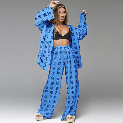 Conjunto de pijama de seda estampado informal y holgado para mujer