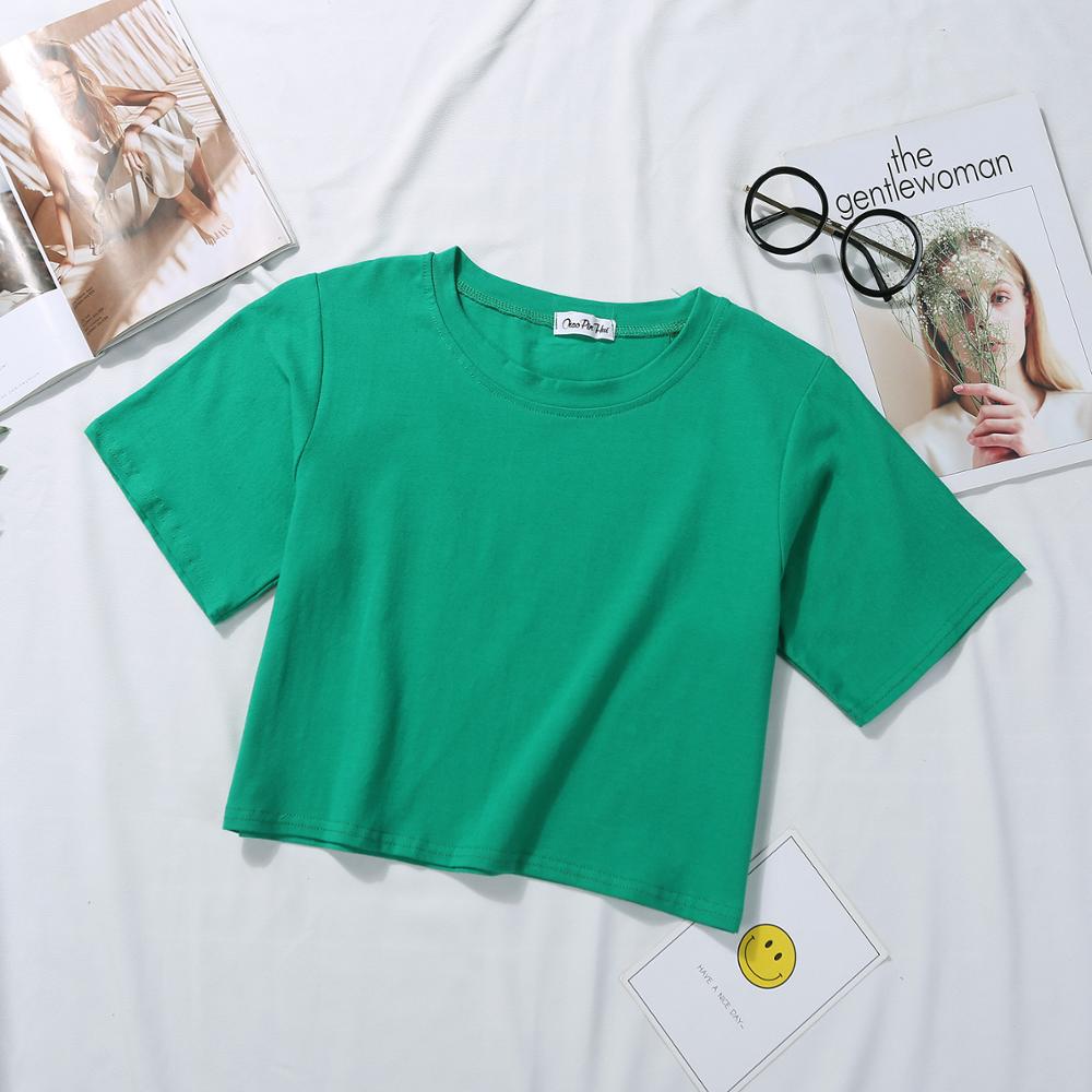 Camiseta básica de verano para mujer, de manga corta, color liso, con cuello redondo y cintura alta, informal, holgada