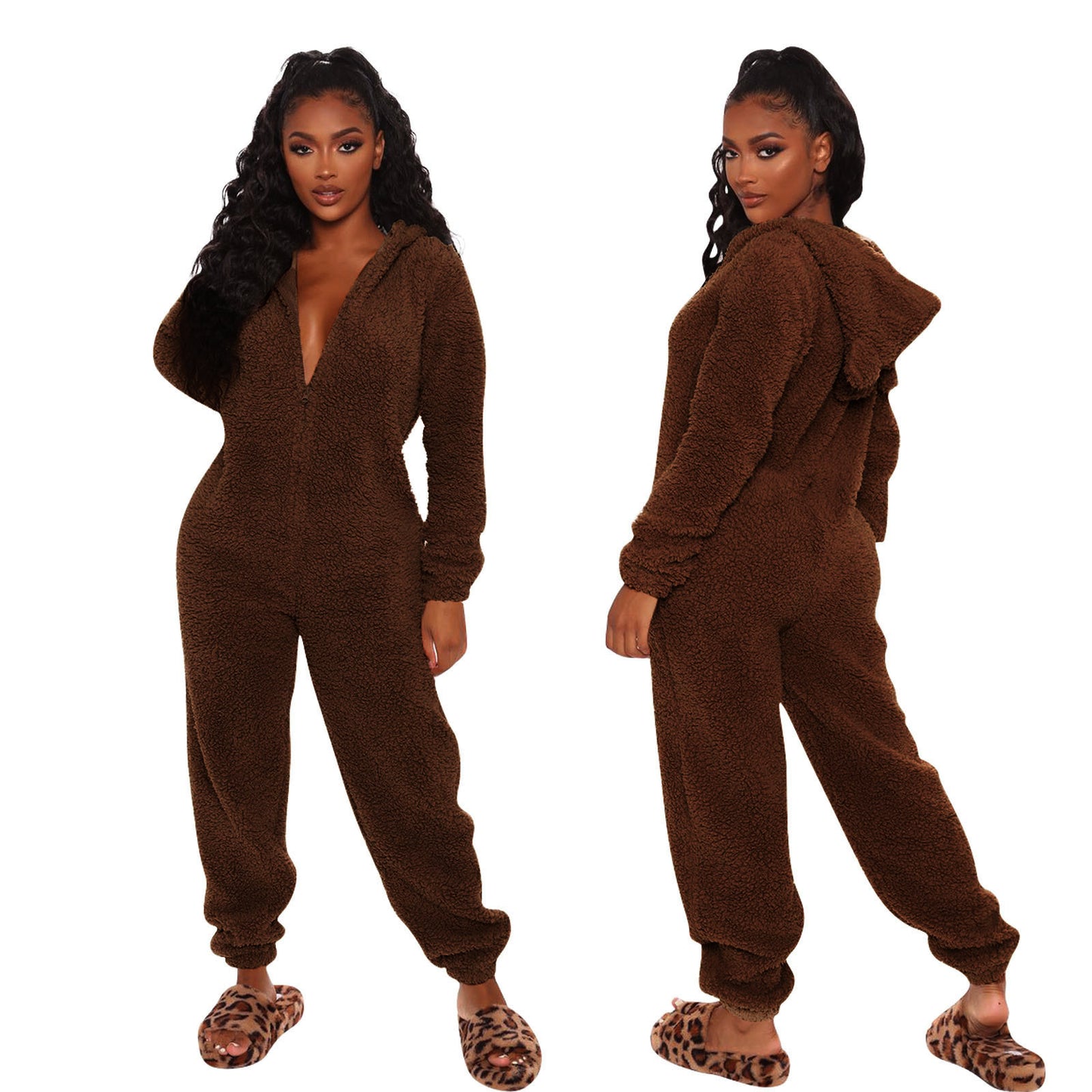 Women Long Sleeve Hooded Plush Casual Jumpsuits Pajamas