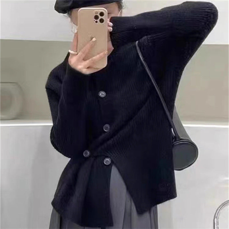 Suéter de punto de manga larga con hebilla oblicua de color liso informal para mujer de otoño e invierno