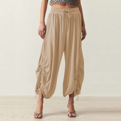 Women Casual Solid Color Drawstring Loose Pants
